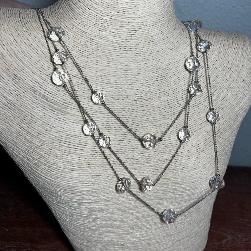 3-Strand Silver Necklace with Clear Faceted Crystal Bead Stations